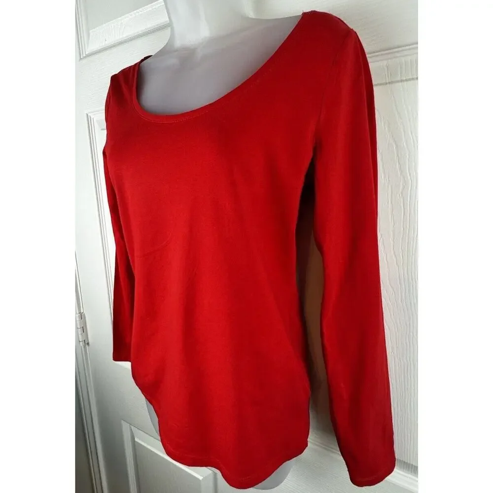 H&M Scooped Neck Top Long Sleeves Red M Casual Minimalist 50-08 - Picture 3 of 15